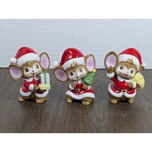 VTG HOMCO Christmas Santa Mice Ceramic Figurines SET OF 3 #5405 Present Bag Tree